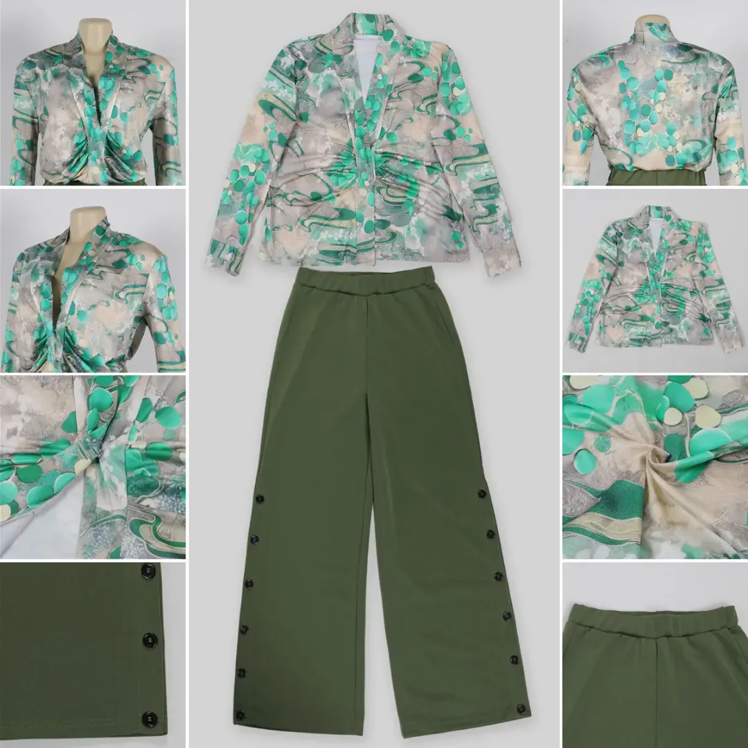Ensemble Femme Élégant – Chemisier Imprimé et Pantalon Large Boutonné Vert Kaki