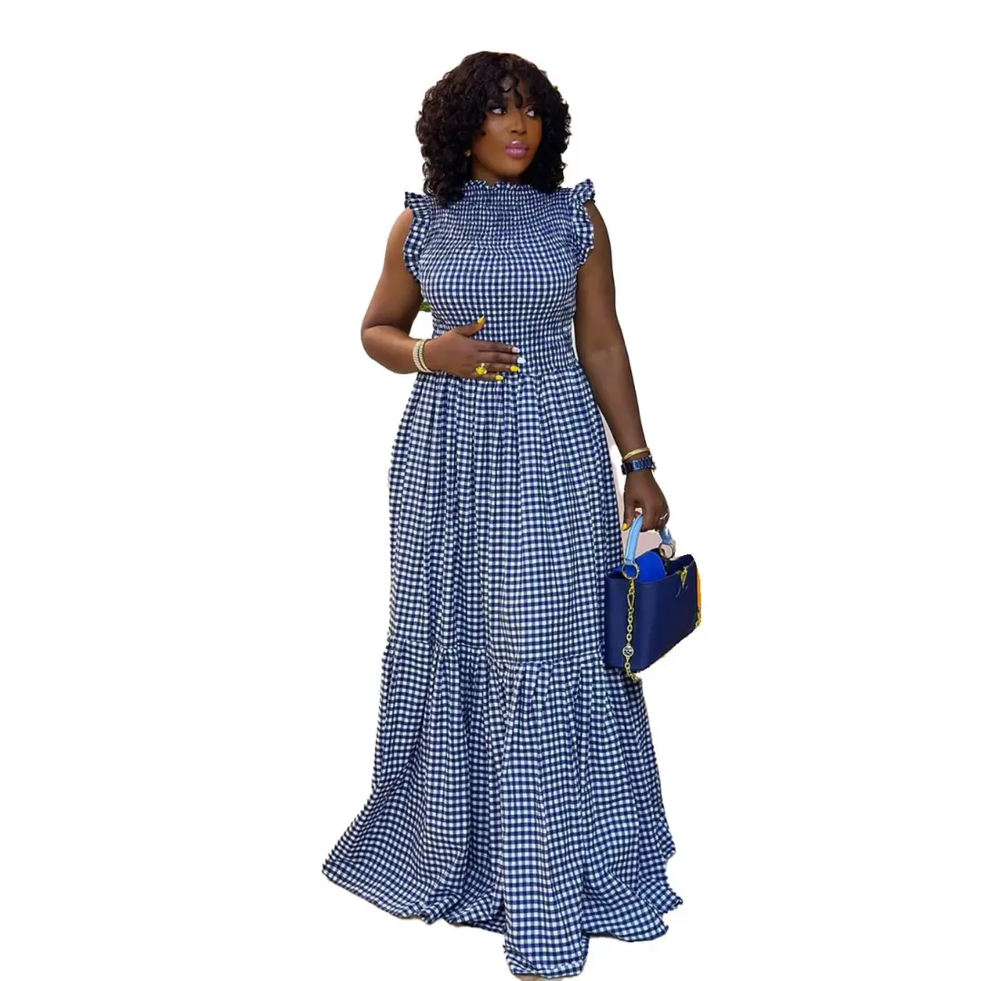 Robe Longue Femme Élégante à Carreaux – Sans Manches, Taille Haute, Style Chic et Moderne