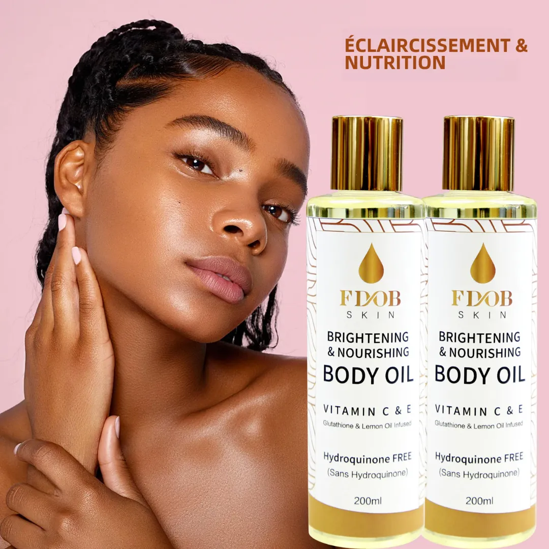 Huile Corporelle Éclaircissante et Nourrissante FDOB – Vitamine C & E, Sans Hydroquinone, 200ml