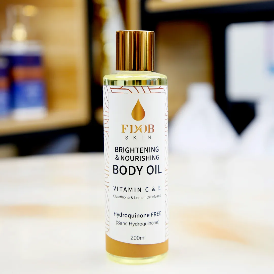 Huile Corporelle Éclaircissante et Nourrissante FDOB – Vitamine C & E, Sans Hydroquinone, 200ml