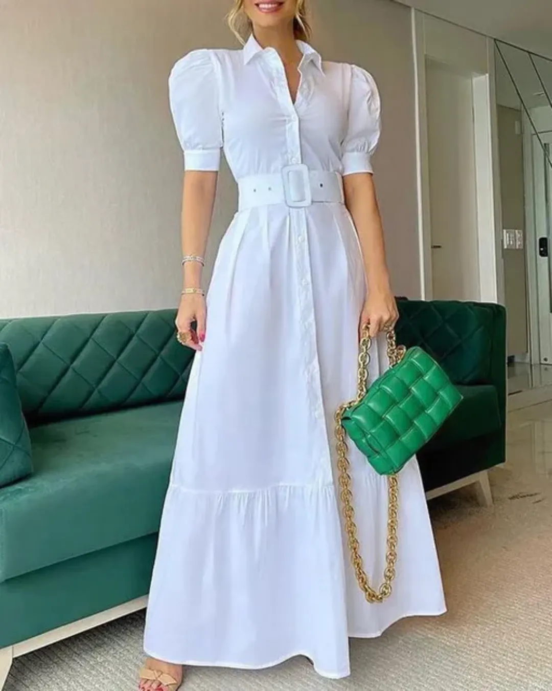 Robe Chemise Longue Femme à Ceinture – Élégante, Boutonnée, Manches Bouffantes