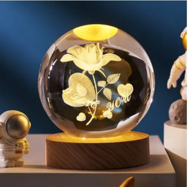 Lampe Veilleuse Boule de Cristal 3D Gravée au Laser - Décoration Intérieure et Cadeau Original