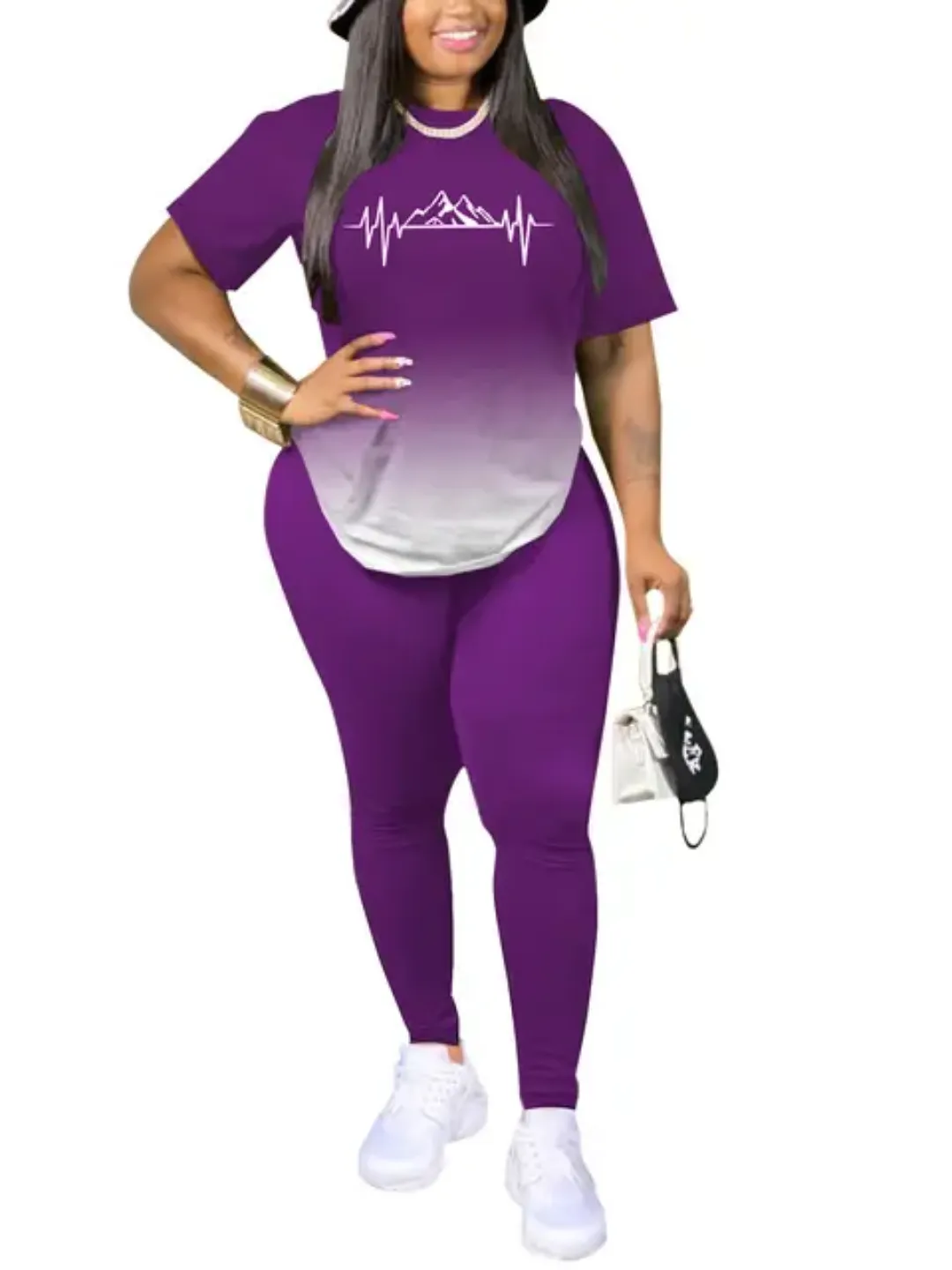 Ensemble Deux Pièces Femme Grande Taille – T-Shirt Imprimé et Legging Décontracté