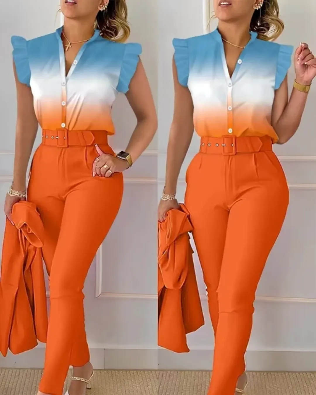 Ensemble Femme Élégant – Pantalon Taille Haute & Chemisier Sans Manches à Motifs Géométriques