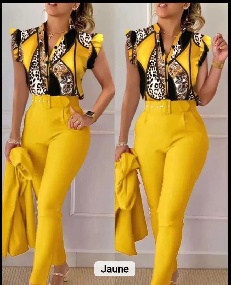 Ensemble Femme Élégant – Pantalon Taille Haute & Chemisier Sans Manches à Motifs Géométriques