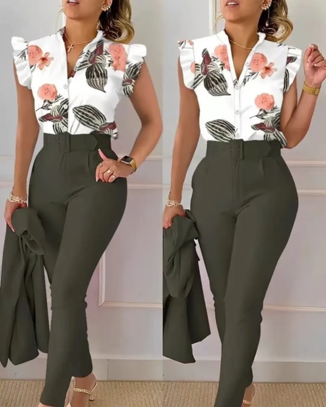 Ensemble Femme Élégant – Pantalon Taille Haute & Chemisier Sans Manches à Motifs Géométriques