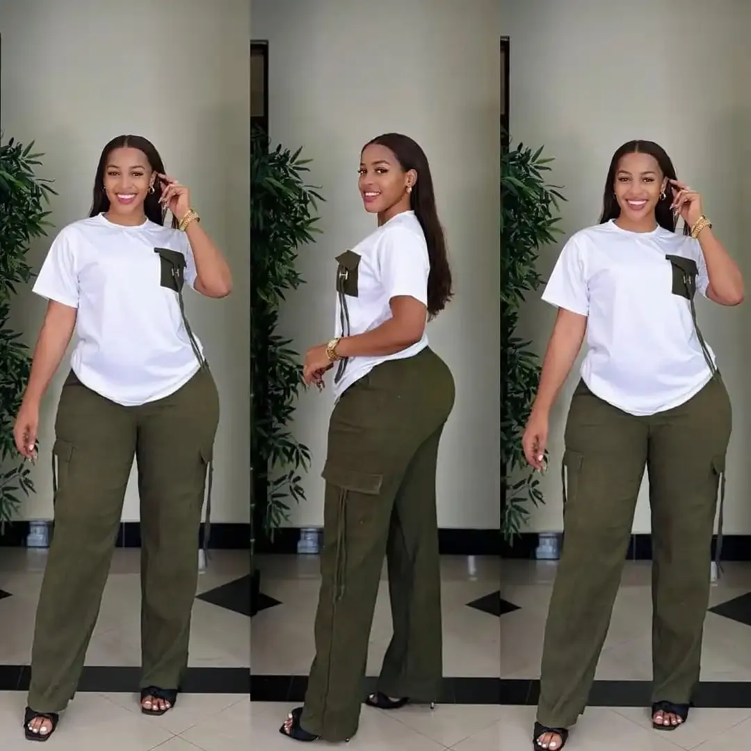Ensemble Décontracté Femme – T-Shirt Blanc à Poche Contrastée & Pantalon Cargo Large