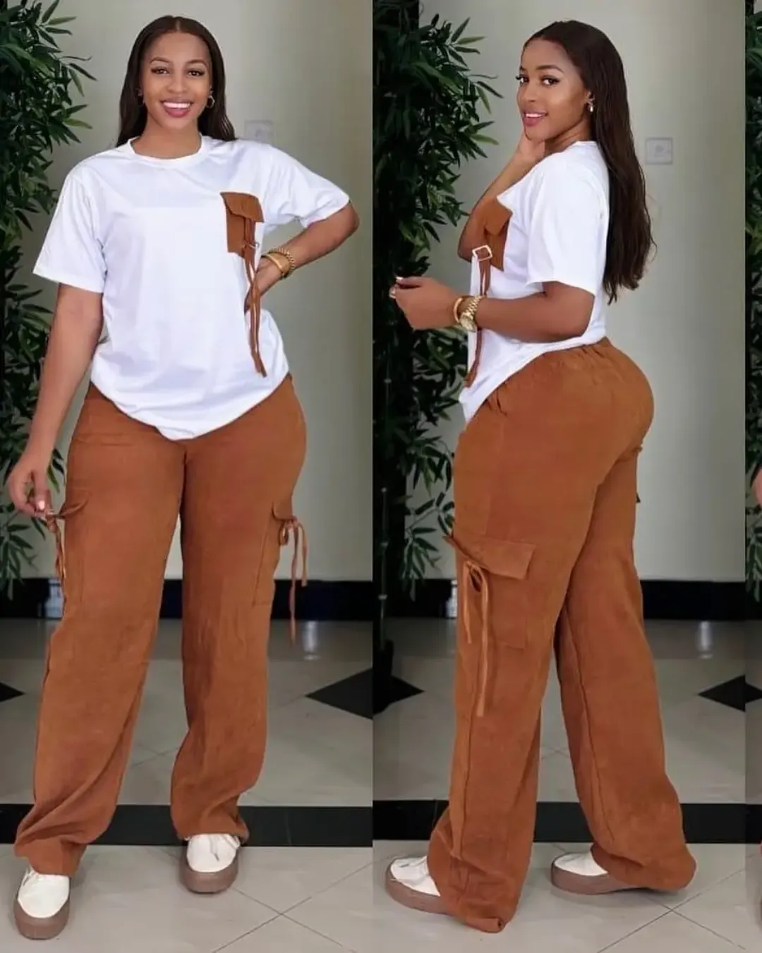 Ensemble Décontracté Femme – T-Shirt Blanc à Poche Contrastée & Pantalon Cargo Large