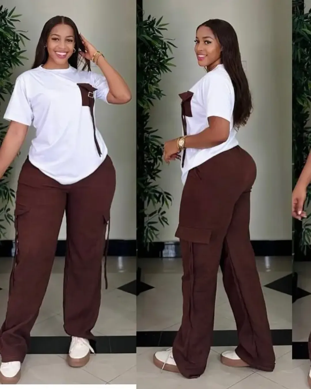 Ensemble Décontracté Femme – T-Shirt Blanc à Poche Contrastée & Pantalon Cargo Large
