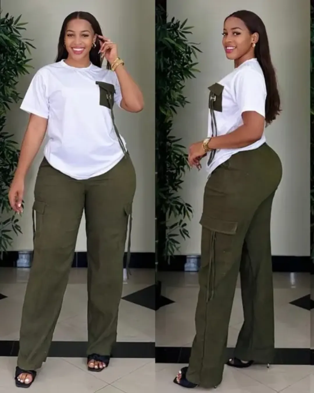 Ensemble Décontracté Femme – T-Shirt Blanc à Poche Contrastée & Pantalon Cargo Large