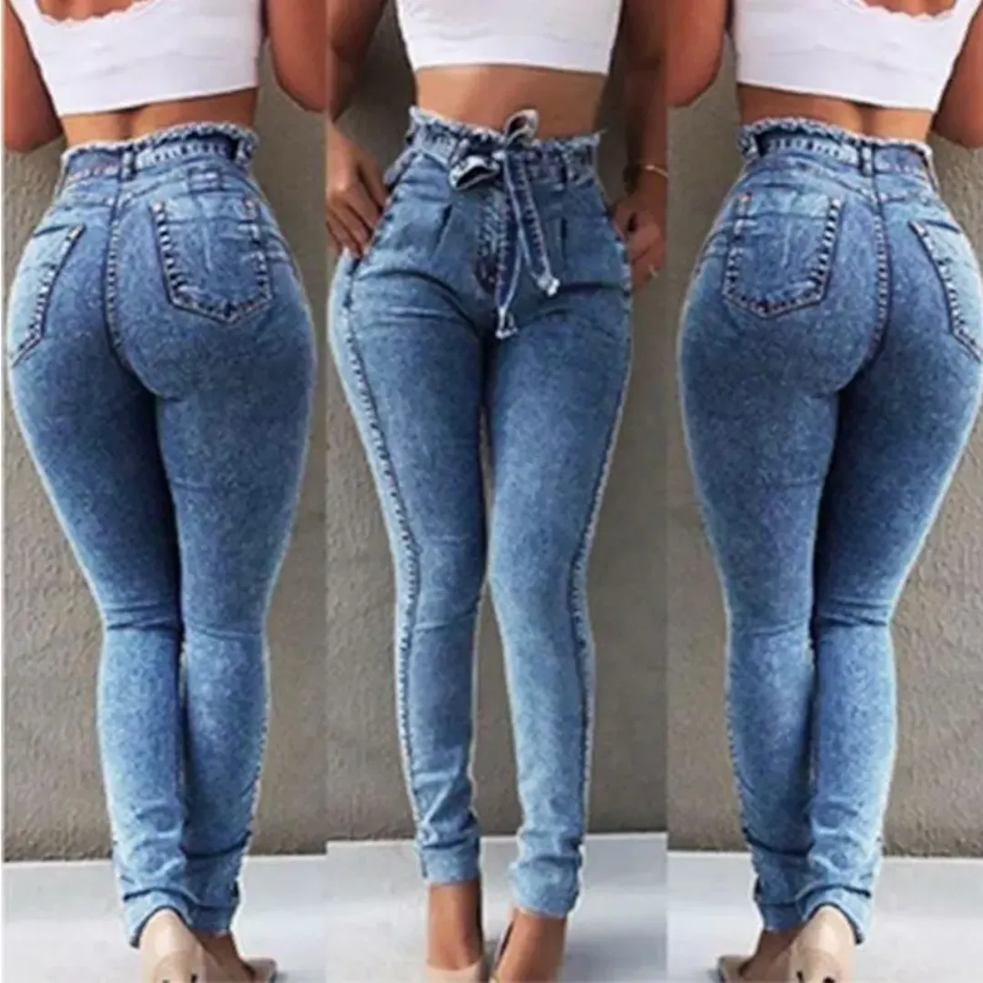 Jean Taille Haute Femme Effet Push-Up – Coupe Slim Fit avec Ceinture Froncée
