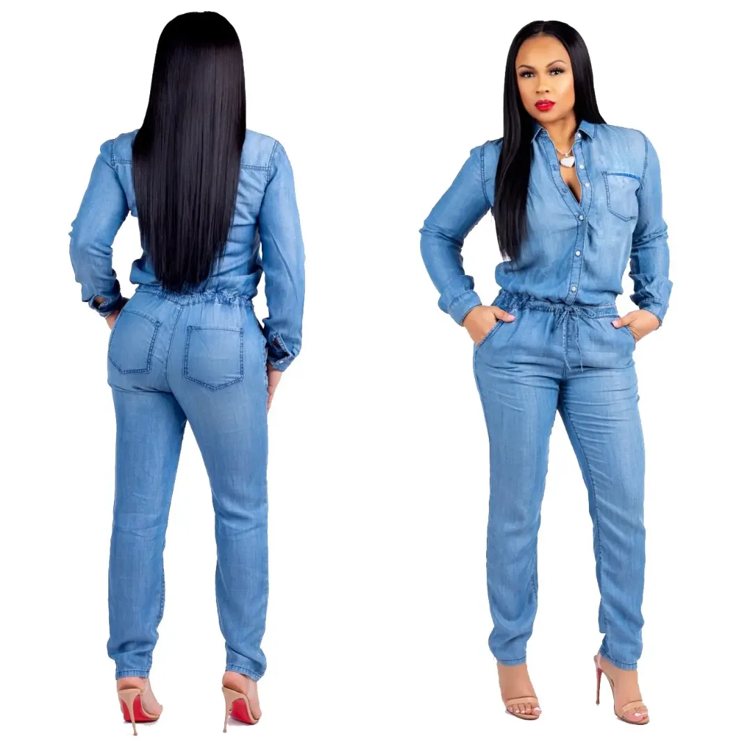 Combinaison en jean pour femme – Style casual chic – Manches longues, taille élastique