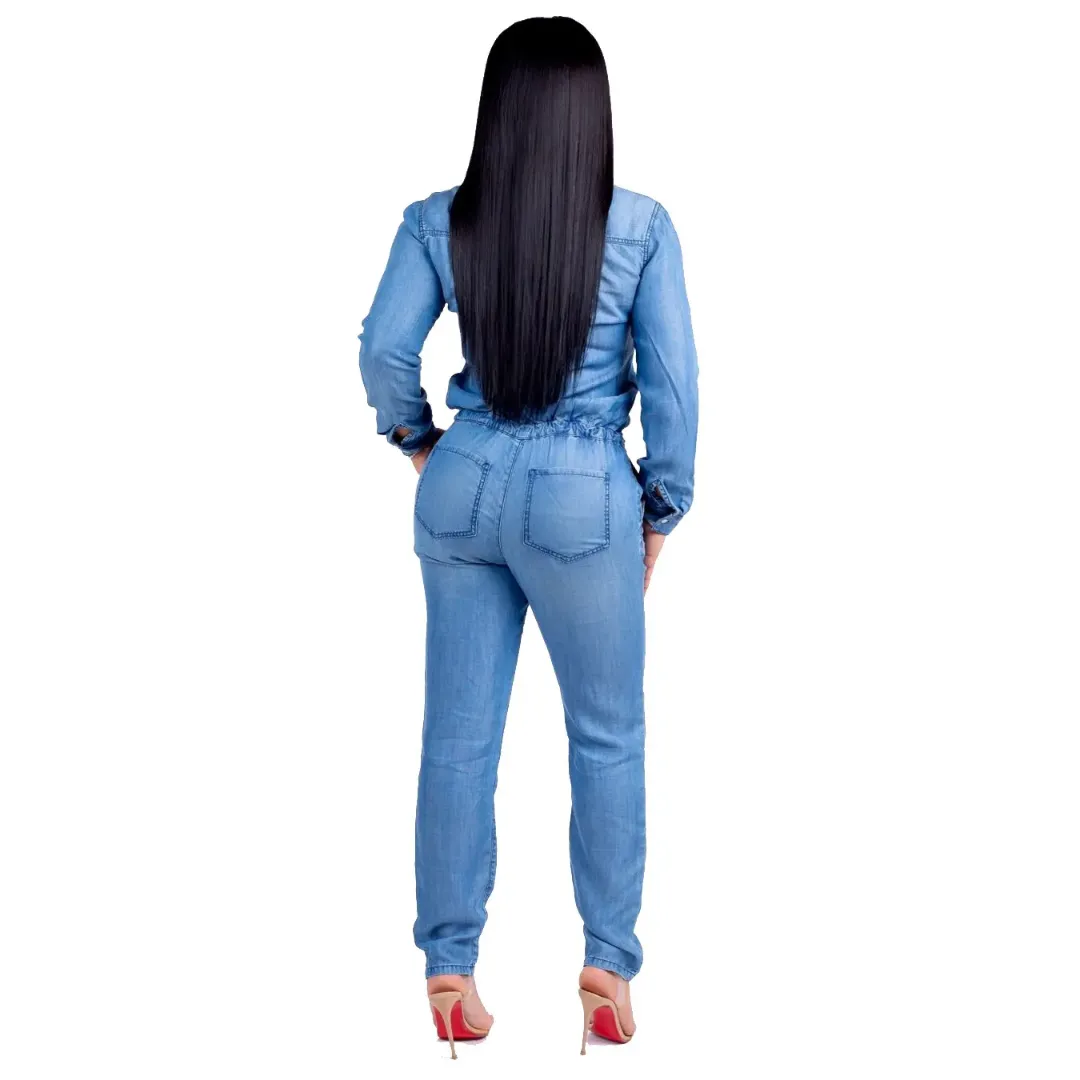 Combinaison en jean pour femme – Style casual chic – Manches longues, taille élastique