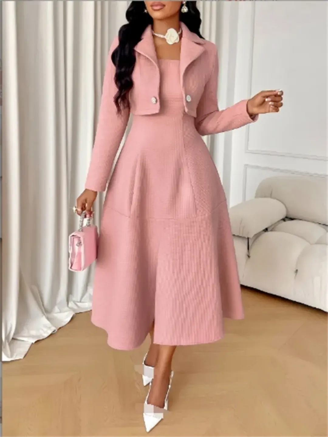 Tenue de bureau 2 pièces pour femme – Robe cintrée + manteau court – Élégance professionnelle