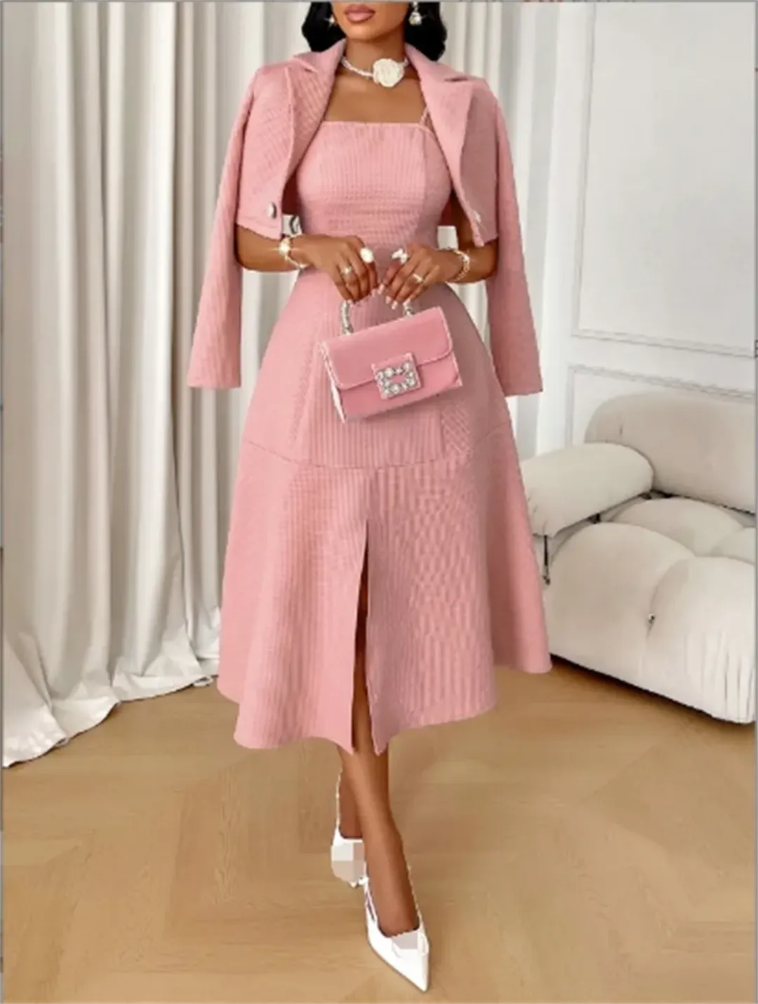 Tenue de bureau 2 pièces pour femme – Robe cintrée + manteau court – Élégance professionnelle
