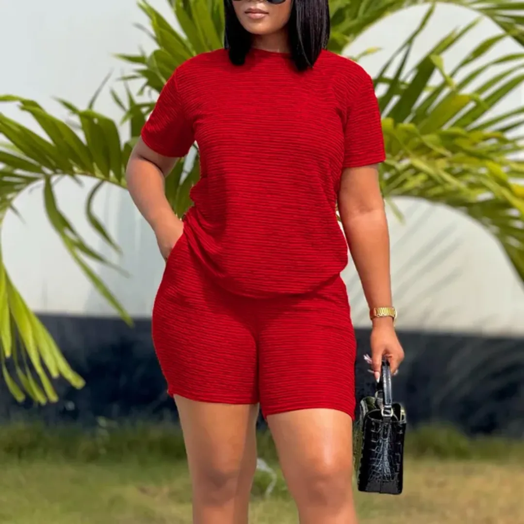 Ensemble Femme 2 Pièces – Tee-shirt et Short Texturé, Style Décontracté Été