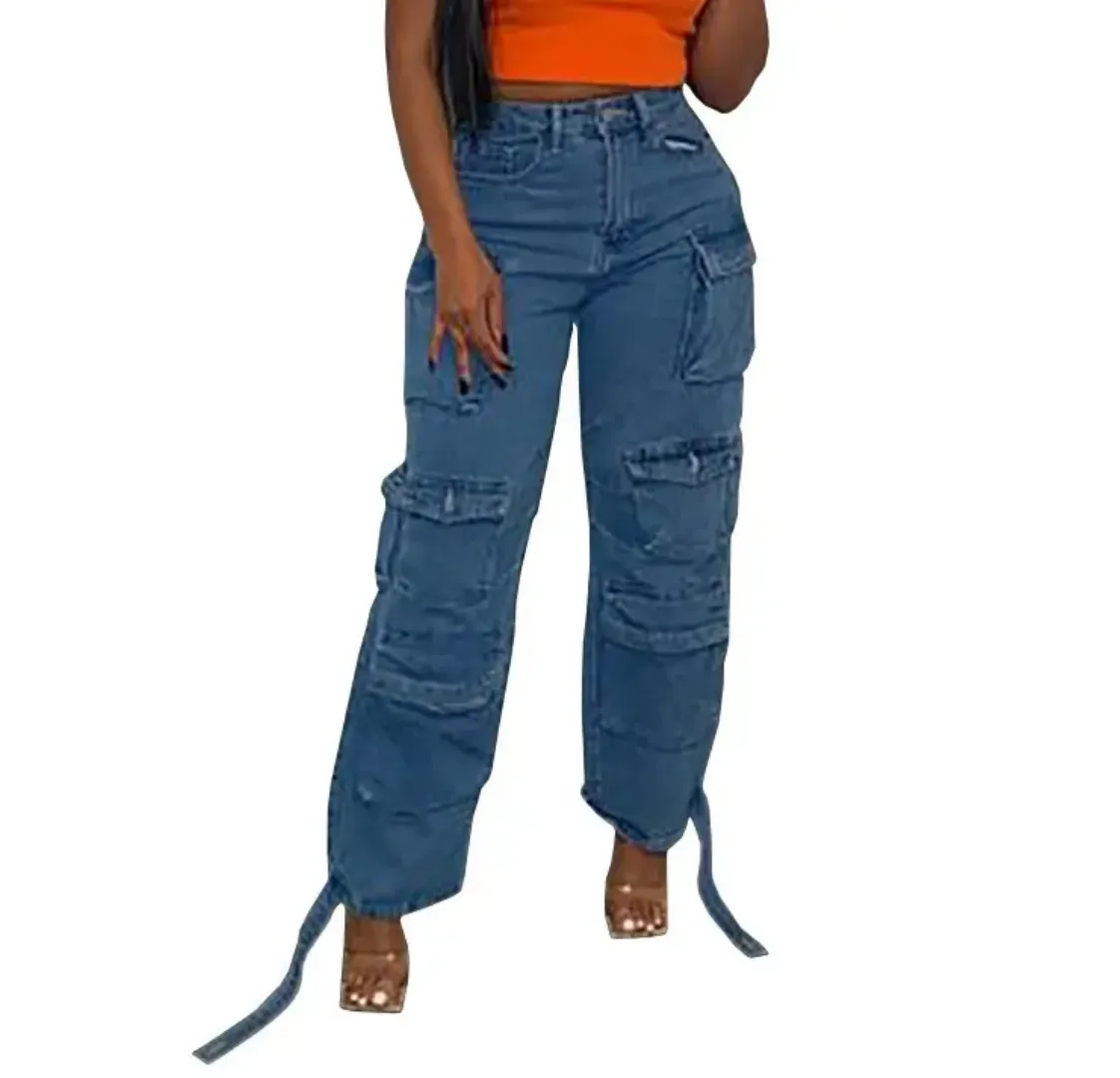 Jean Cargo Femme Taille Haute Multi-Poches – Streetwear Décontracté Tendance