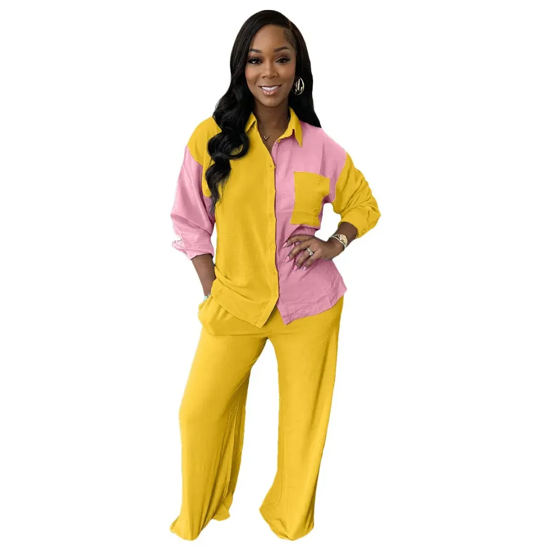 Ensemble 2 pièces Femme Chic Colorblock – Chemise et Pantalon Large Décontracté