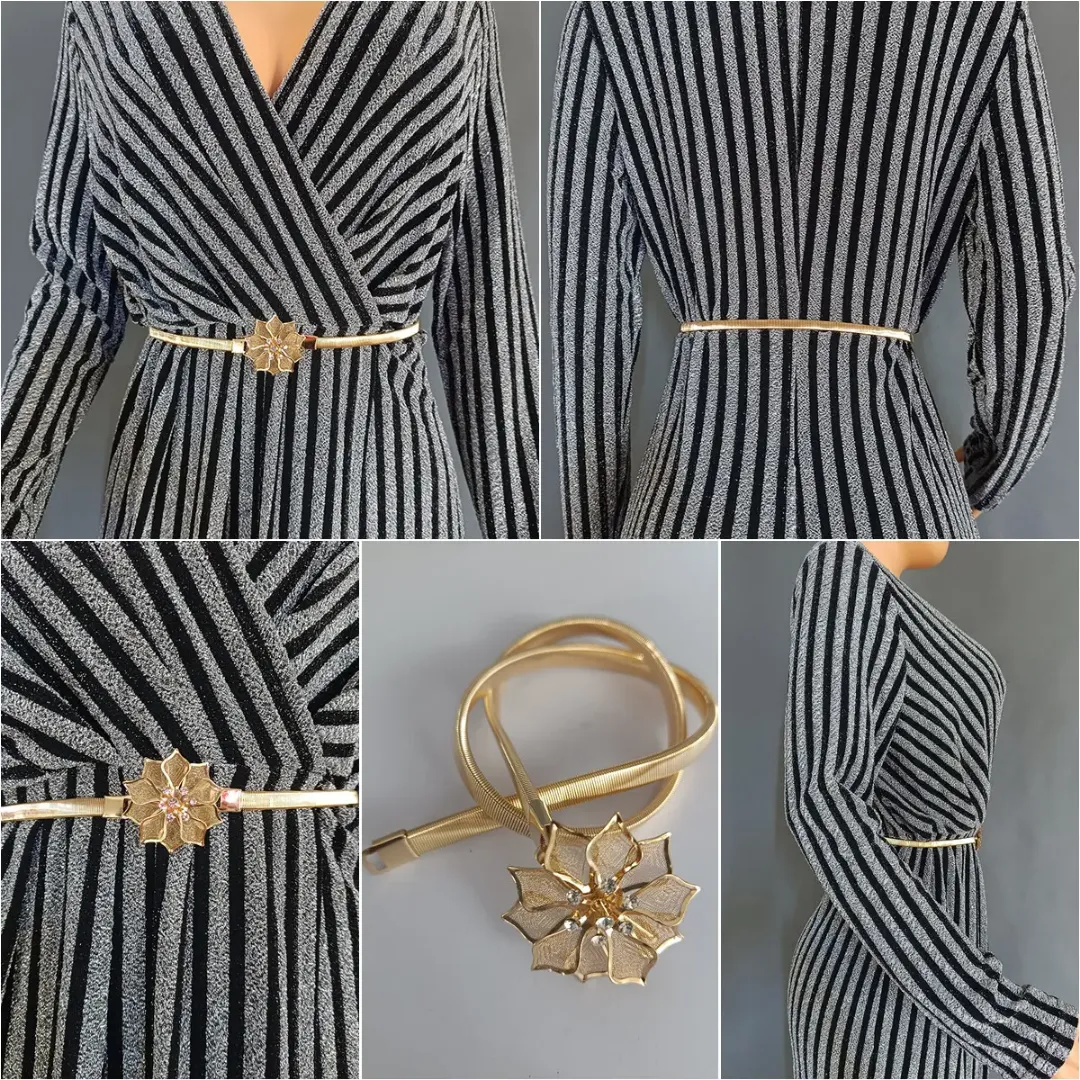 Robe Longue Élégante à Rayures avec Ceinture Fleurie – Tenue de Cérémonie et Soirée Chic pour Femme