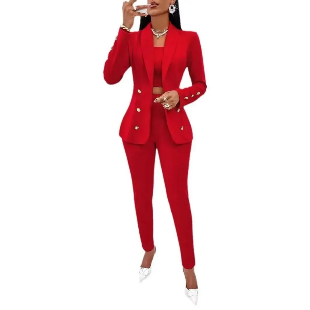 Ensemble Tailleur Femme 3 Pièces – Blazer Cintré, Haut Court et Pantalon Slim Élégant