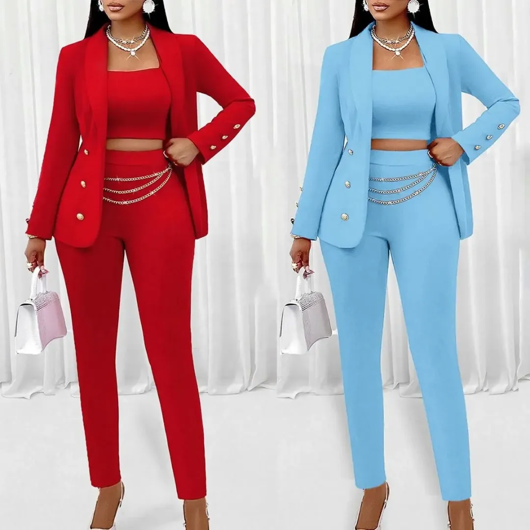 Ensemble Tailleur Femme 3 Pièces – Blazer Cintré, Haut Court et Pantalon Slim Élégant