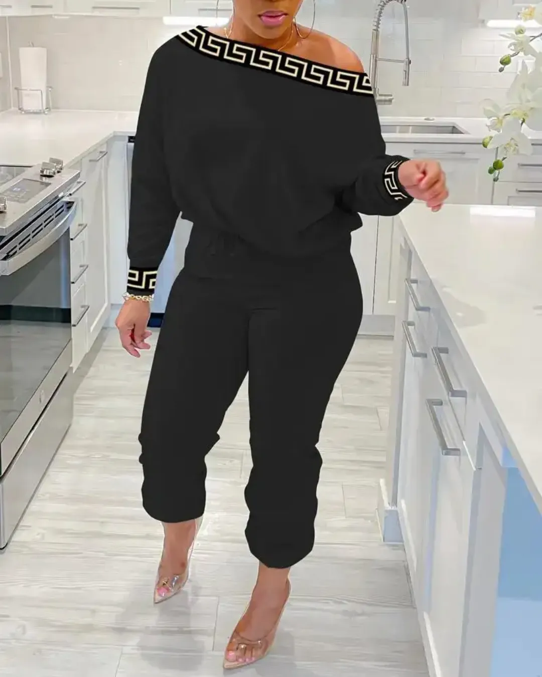 Ensemble Femme Élégant 2 Pièces à Épaule Dénudée – Style Chic avec Motif Grec