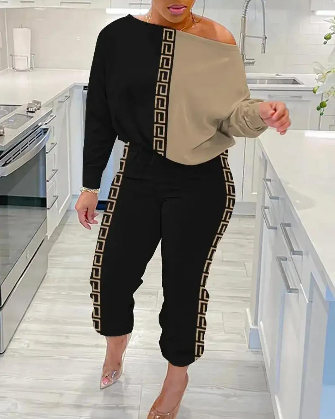 Ensemble Femme Élégant 2 Pièces à Épaule Dénudée – Style Chic avec Motif Grec