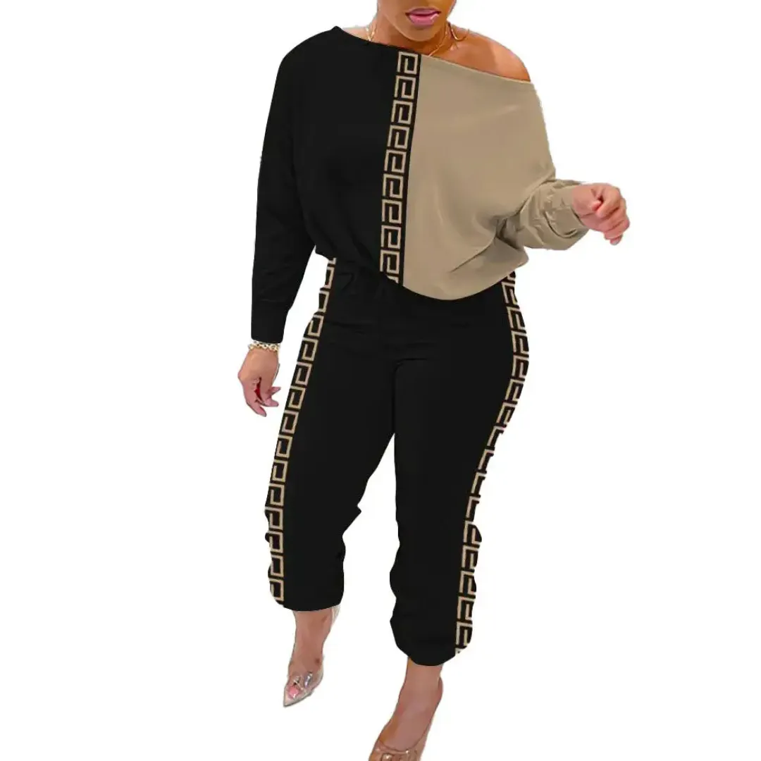 Ensemble Femme Élégant 2 Pièces à Épaule Dénudée – Style Chic avec Motif Grec