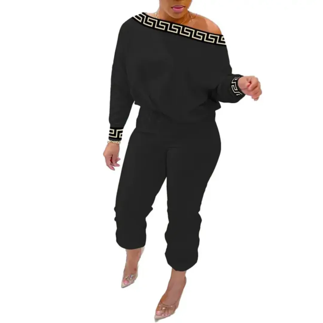Ensemble Femme Élégant 2 Pièces à Épaule Dénudée – Style Chic avec Motif Grec