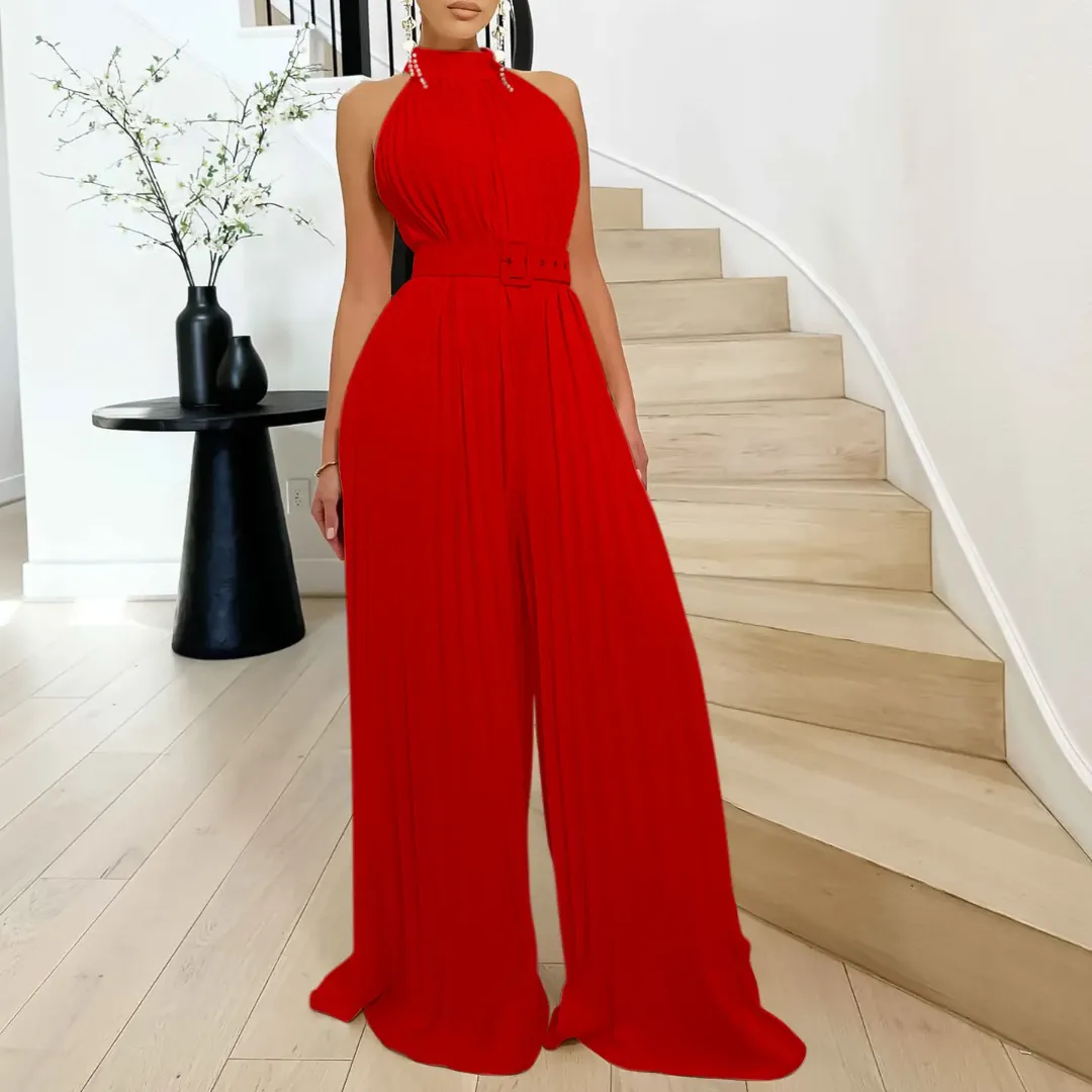 Combinaison Large Femme Élégante avec Ceinture – Col Haut Plissé