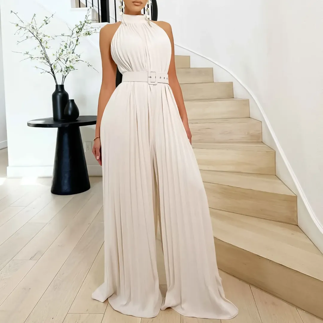 Combinaison Large Femme Élégante avec Ceinture – Col Haut Plissé
