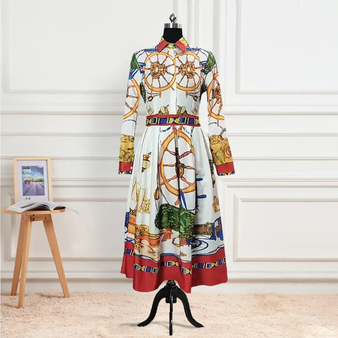 Robe Chemise Élégante à Imprimé Nautique - Ceinturée, Longueur Genou, Manches Longues