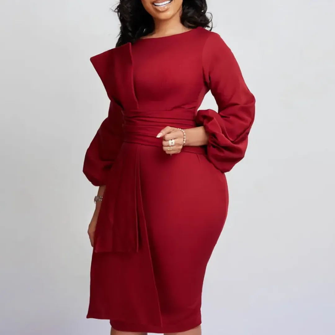 Robe Élégante Femme – Manches Bouffantes et Détail Froncé Taille Haute