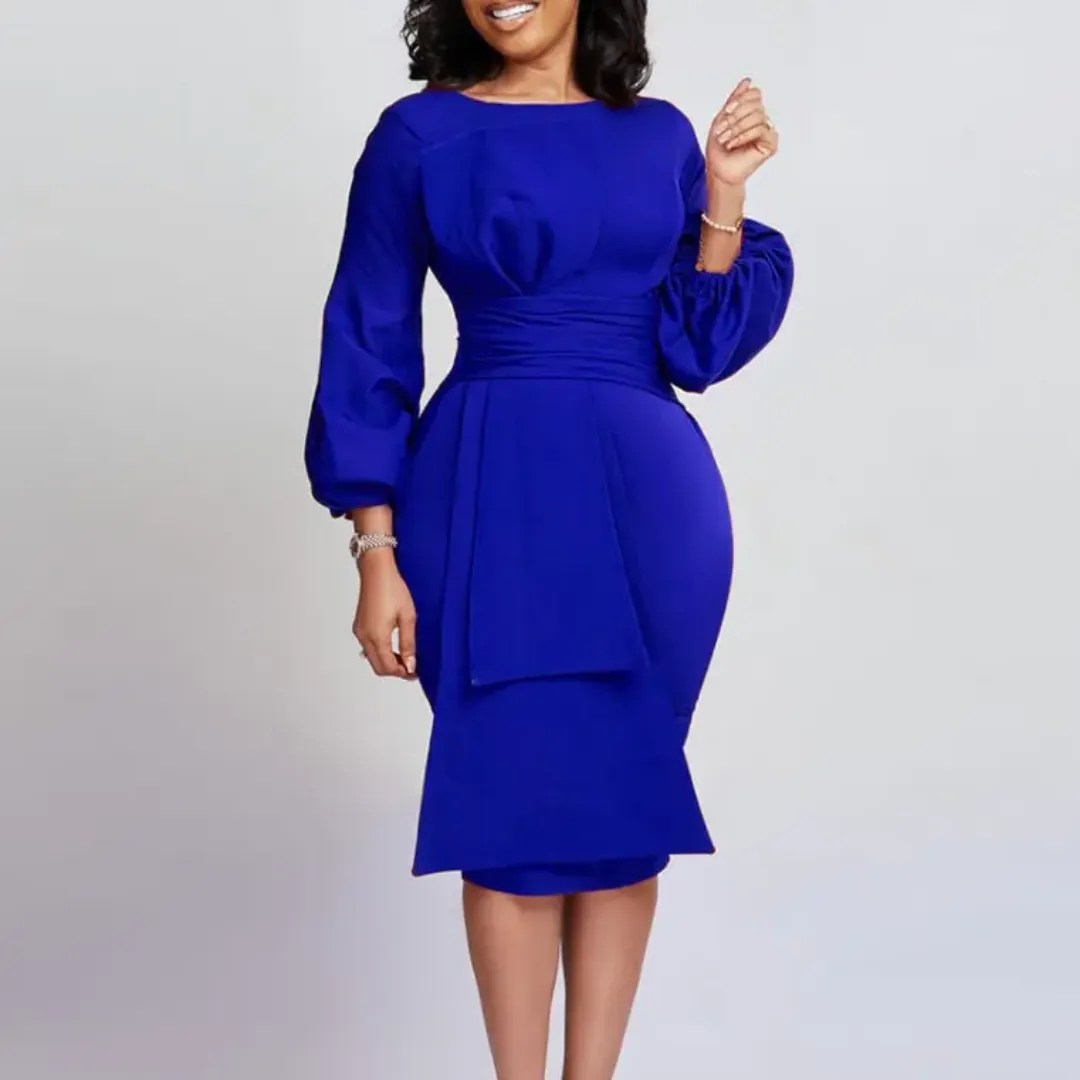 Robe Élégante Femme – Manches Bouffantes et Détail Froncé Taille Haute