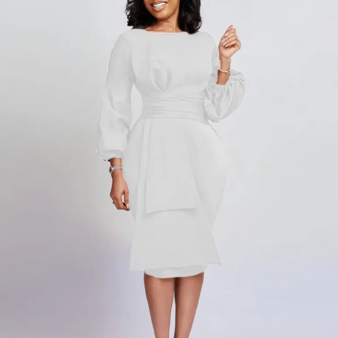 Robe Élégante Femme – Manches Bouffantes et Détail Froncé Taille Haute
