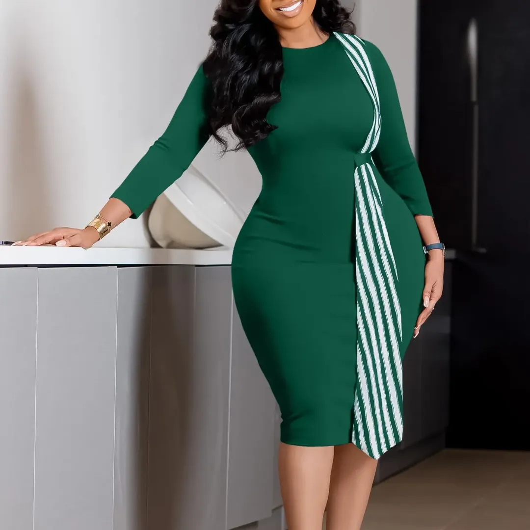 Robe Crayon Femme Élégante – Manches Longues avec Détail Rayé