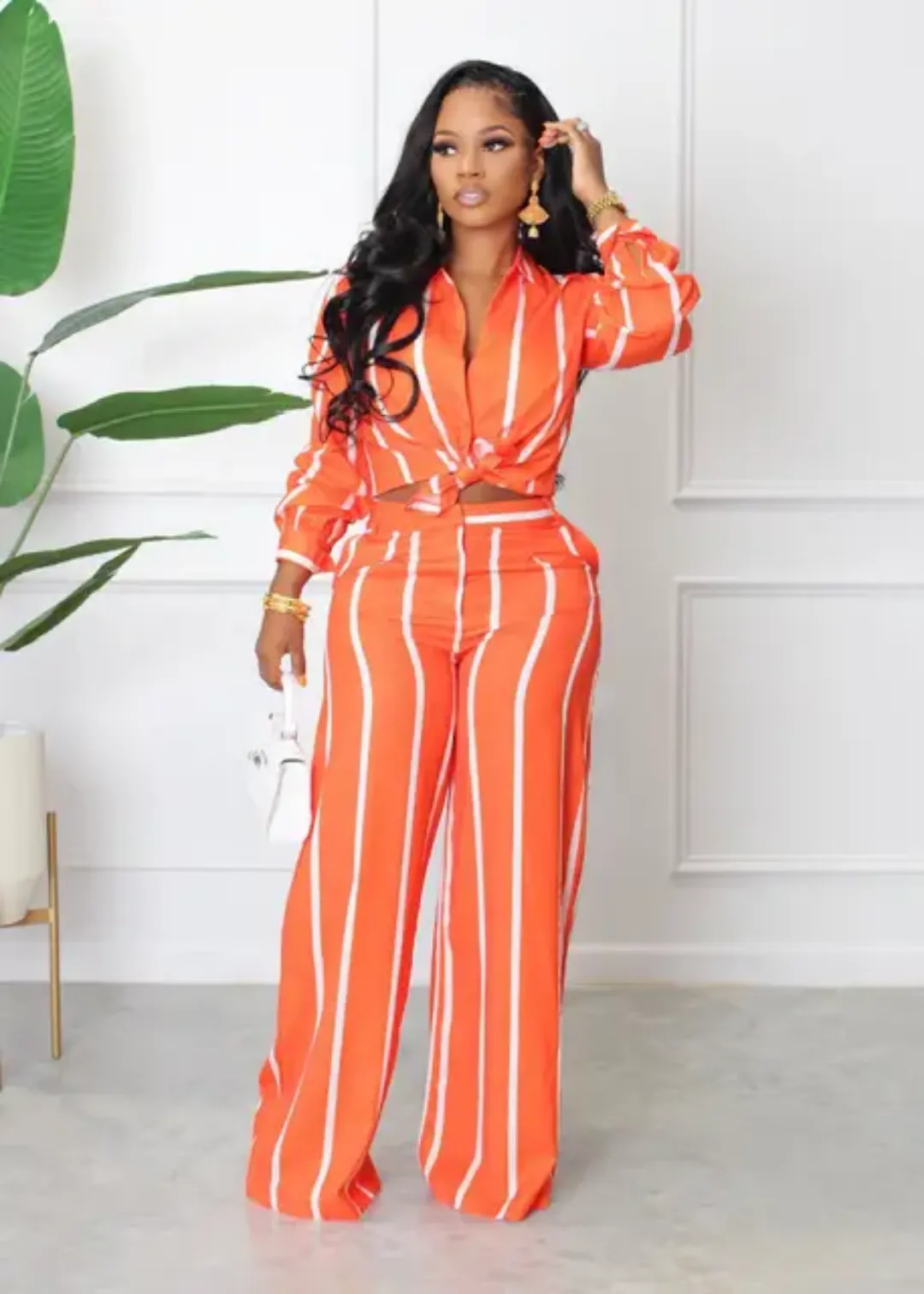 Ensemble Femme 2 Pièces Chemise et Pantalon Large à Rayures Verticales