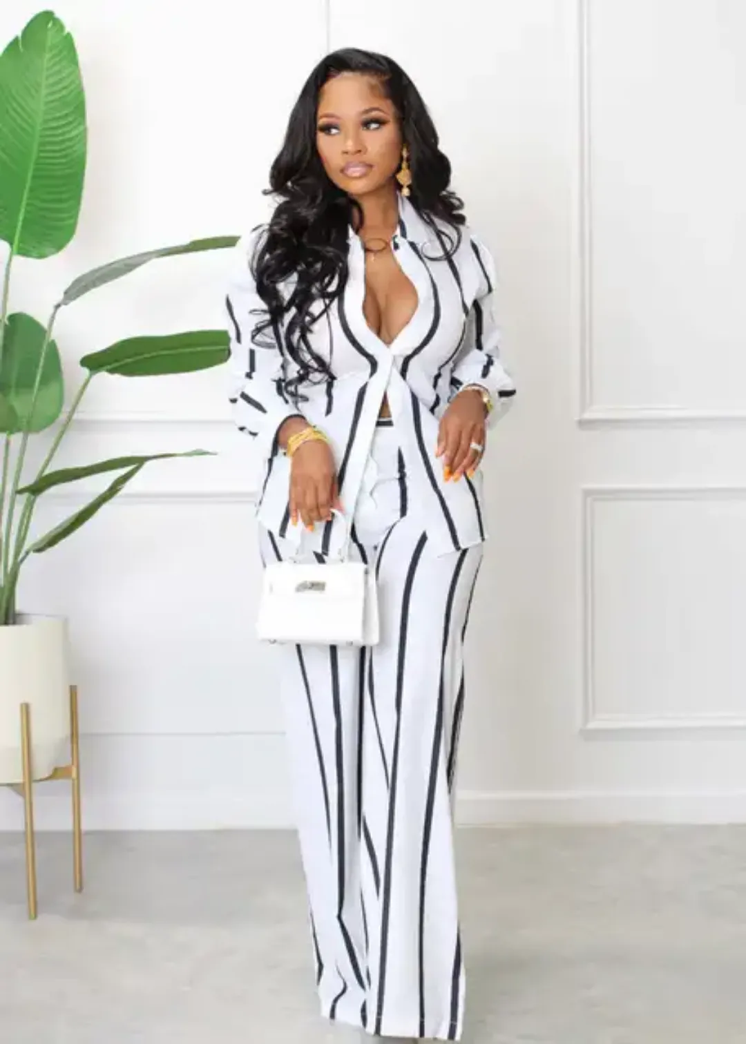 Ensemble Femme 2 Pièces Chemise et Pantalon Large à Rayures Verticales