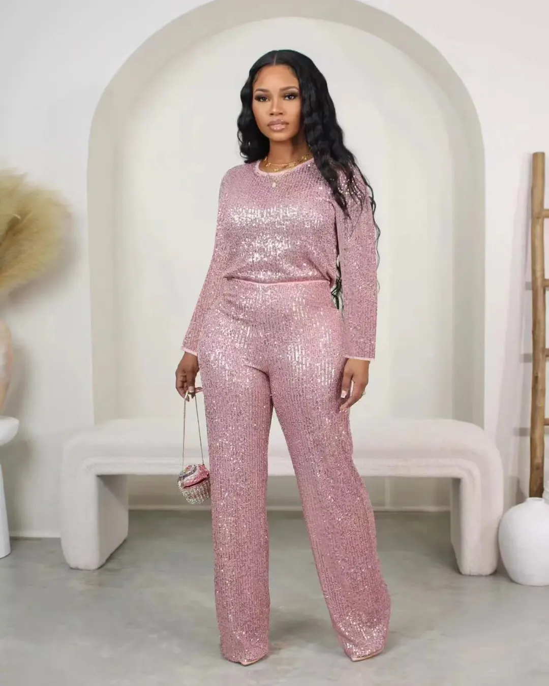 Ensemble Femme Pailleté 2 Pièces - Top Manches Longues et Pantalon Large