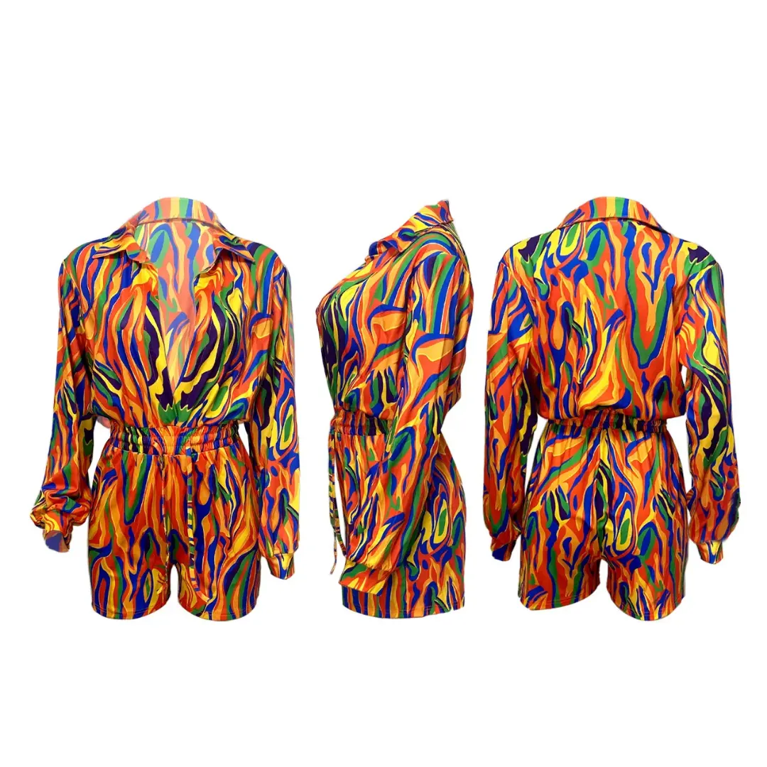 Combinaison Femme Manches Longues à Imprimé Multicolore - Short Chic et Fluide