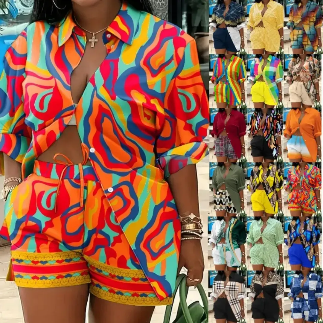 Ensemble Femme Chic - Chemise Oversize et Short Fluide à Motif Artistique Vert et Blanc
