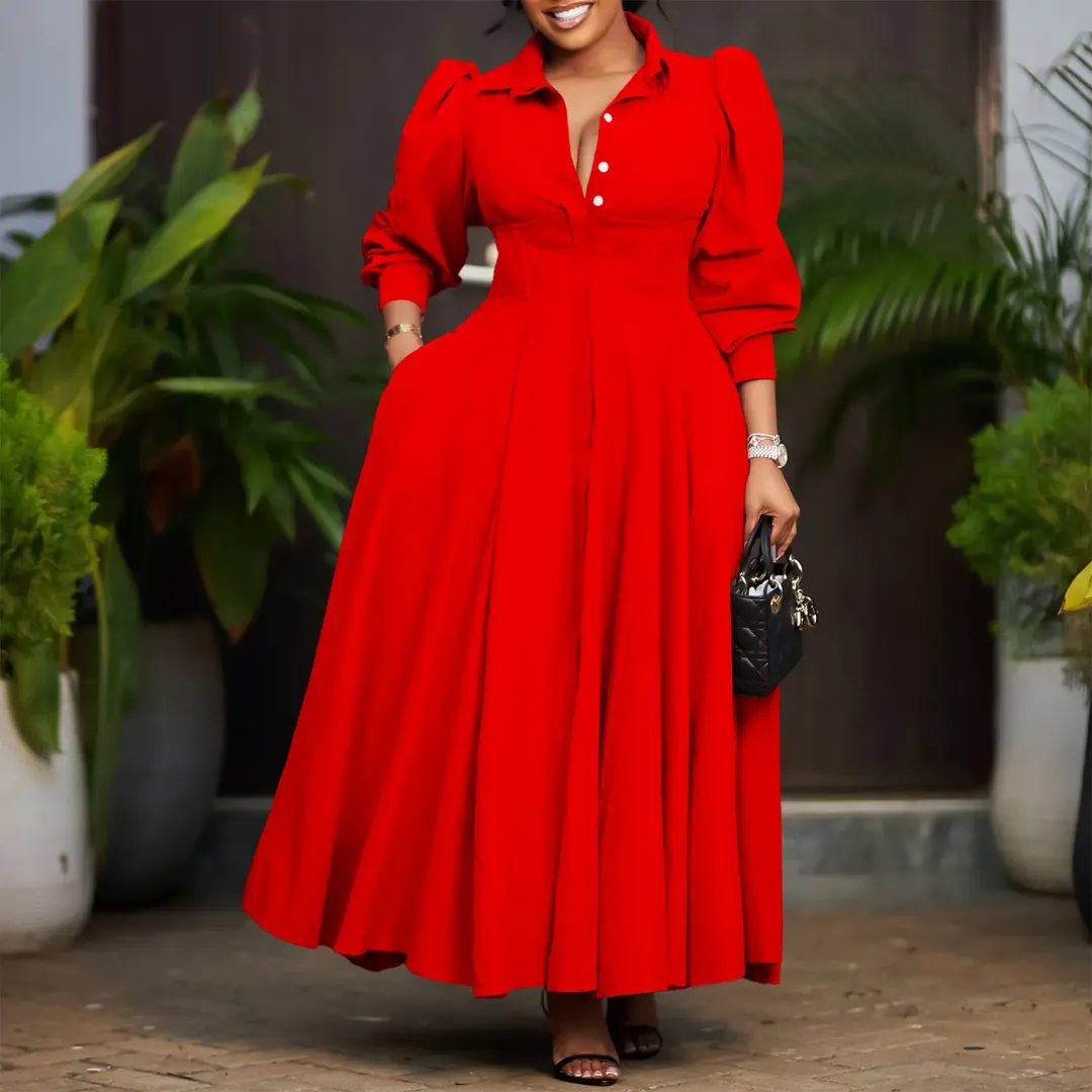 Robe Longue Élégante à Manches Bouffantes avec Boutonnage - Robe Femme Chic pour Sortie, Cérémonie ou Bureau