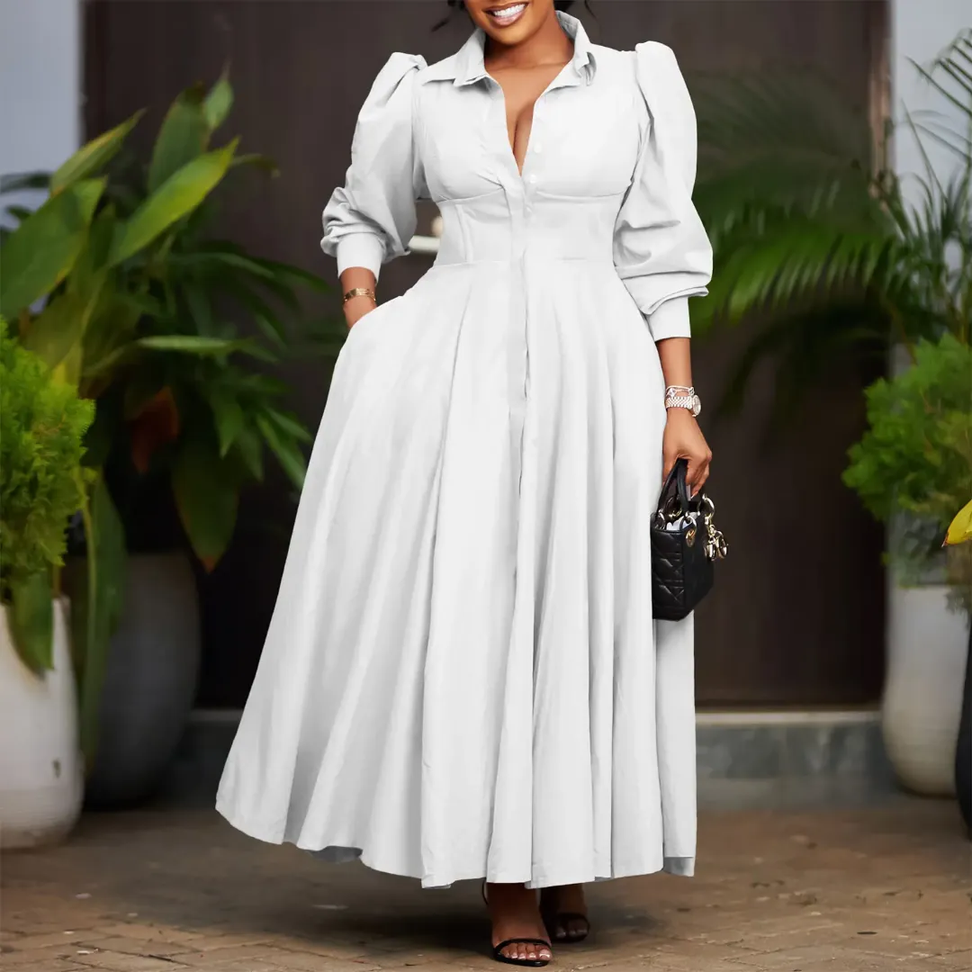 Robe Longue Élégante à Manches Bouffantes avec Boutonnage - Robe Femme Chic pour Sortie, Cérémonie ou Bureau