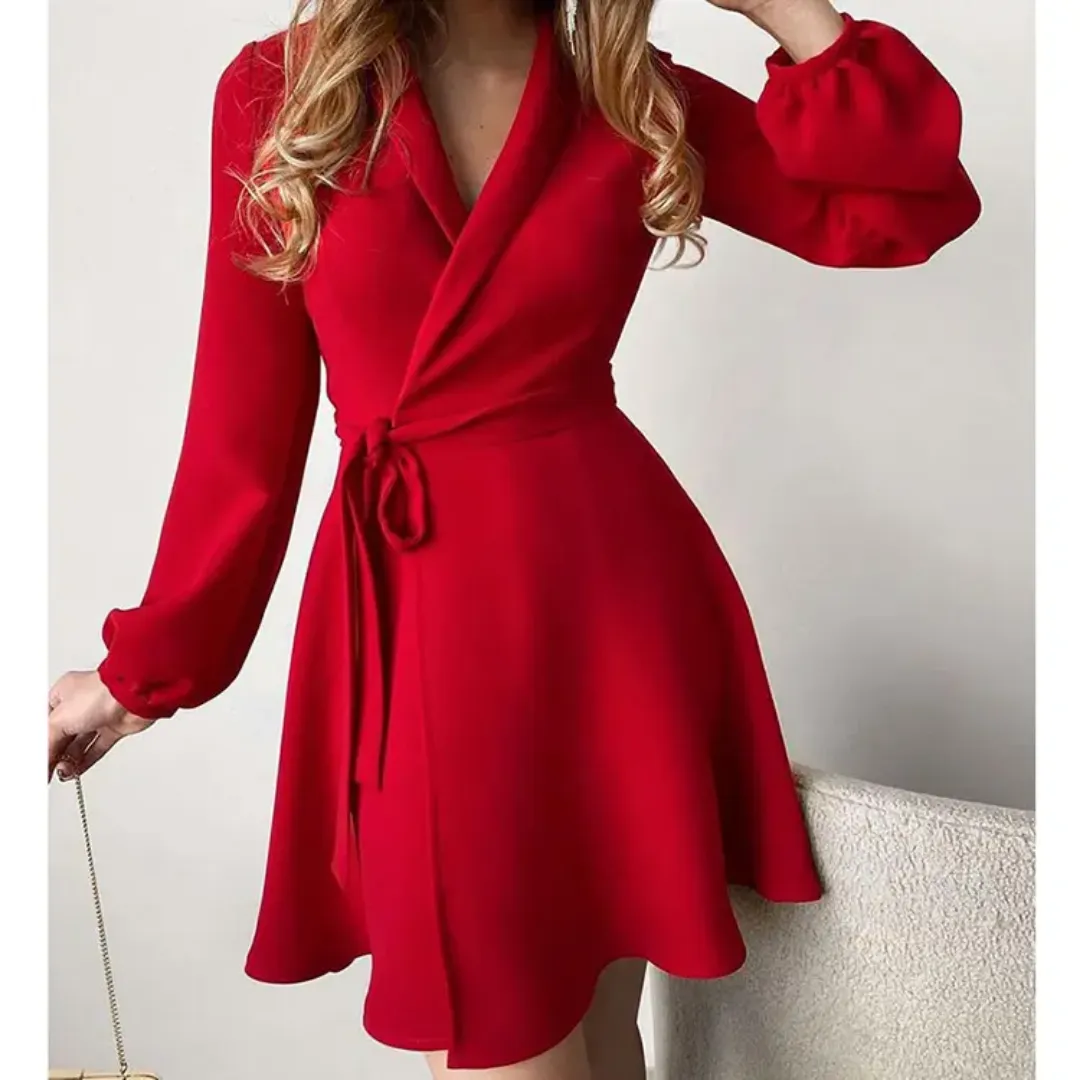 Robe Courte Portefeuille Femme à Manches Longues Imprimées - Élégante et Fleurie avec Ceinture Noire