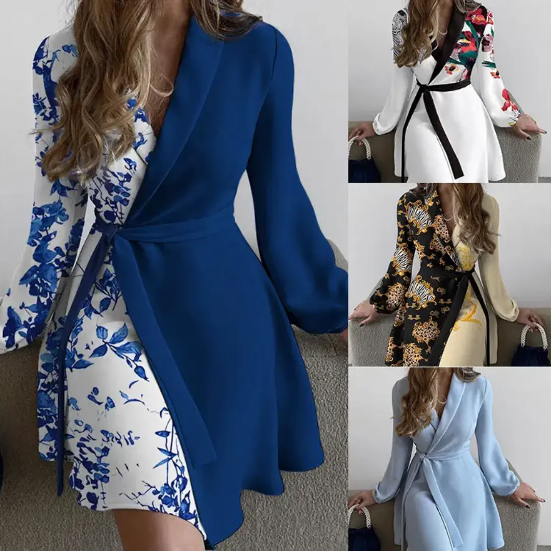 Robe Courte Portefeuille Femme à Manches Longues Imprimées - Élégante et Fleurie avec Ceinture Noire