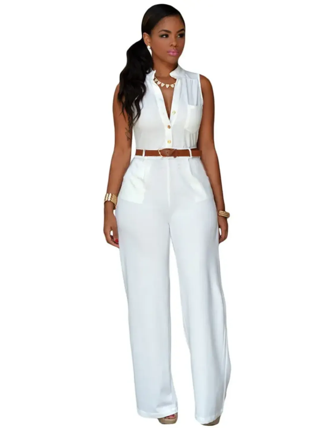 Combinaison Pantalon Femme Sans Manches avec Ceinture - Élégance Décontractée pour Bureau et Sorties