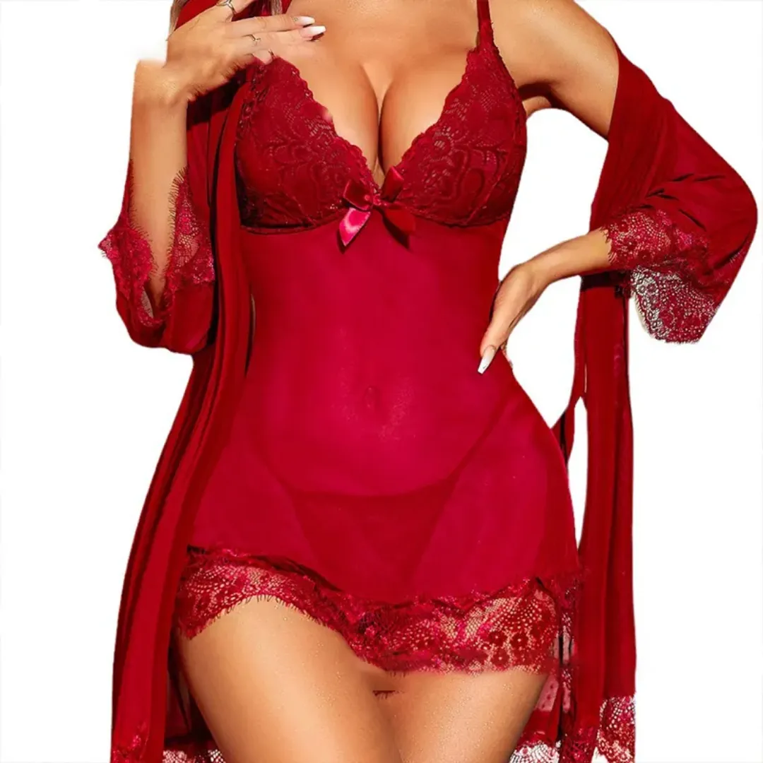 Ensemble Robe de Nuit Sexy en Dentelle – Spécial Saint-Valentin, Grande Taille Disponible