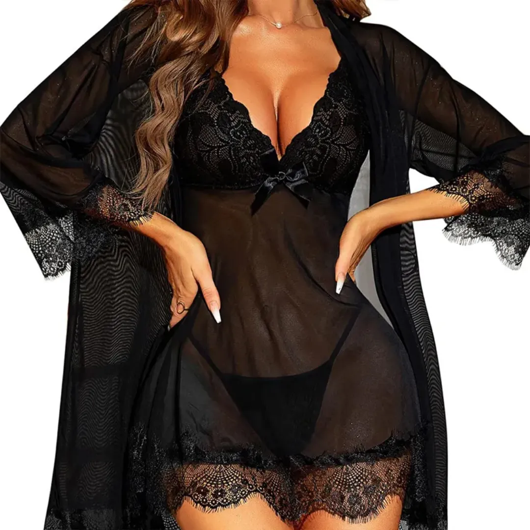 Ensemble Robe de Nuit Sexy en Dentelle – Spécial Saint-Valentin, Grande Taille Disponible