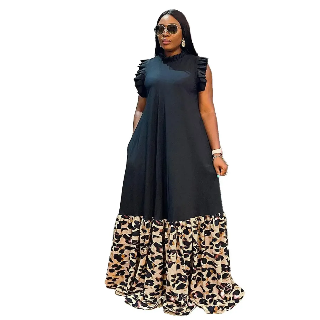 Robe Longue Décontractée Femme Grande Taille – Volants Épaules et Bas Effet Jean Imprimé