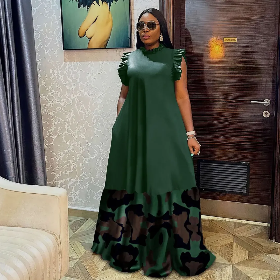 Robe Longue Décontractée Femme Grande Taille – Volants Épaules et Bas Effet Jean Imprimé